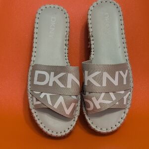 DKNY Taupe Logo Slide Sandals